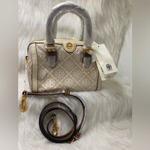 Brand new Tory Burch Petite T Monogram Barrel Bag in natural color. Authentic!